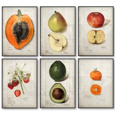 Фруктовый кухонный плакат, винтажный постер, антикварная картина на холсте и печать, груша, яблоко, апельсин, ананас, настенное искусство, декоративное изображение высокой четкости