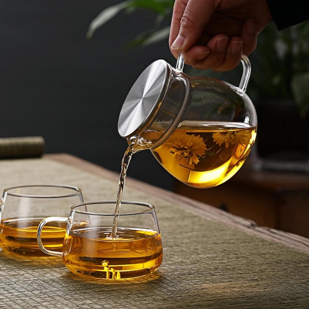 OULOVECO Teapot & Mugs (2 or 4-Piece Set), Heat-Resistant Glass with Strainer, Dishwasher Safe, Stylish, Simple, Nordic Gift, Pitcher, Water Jug,