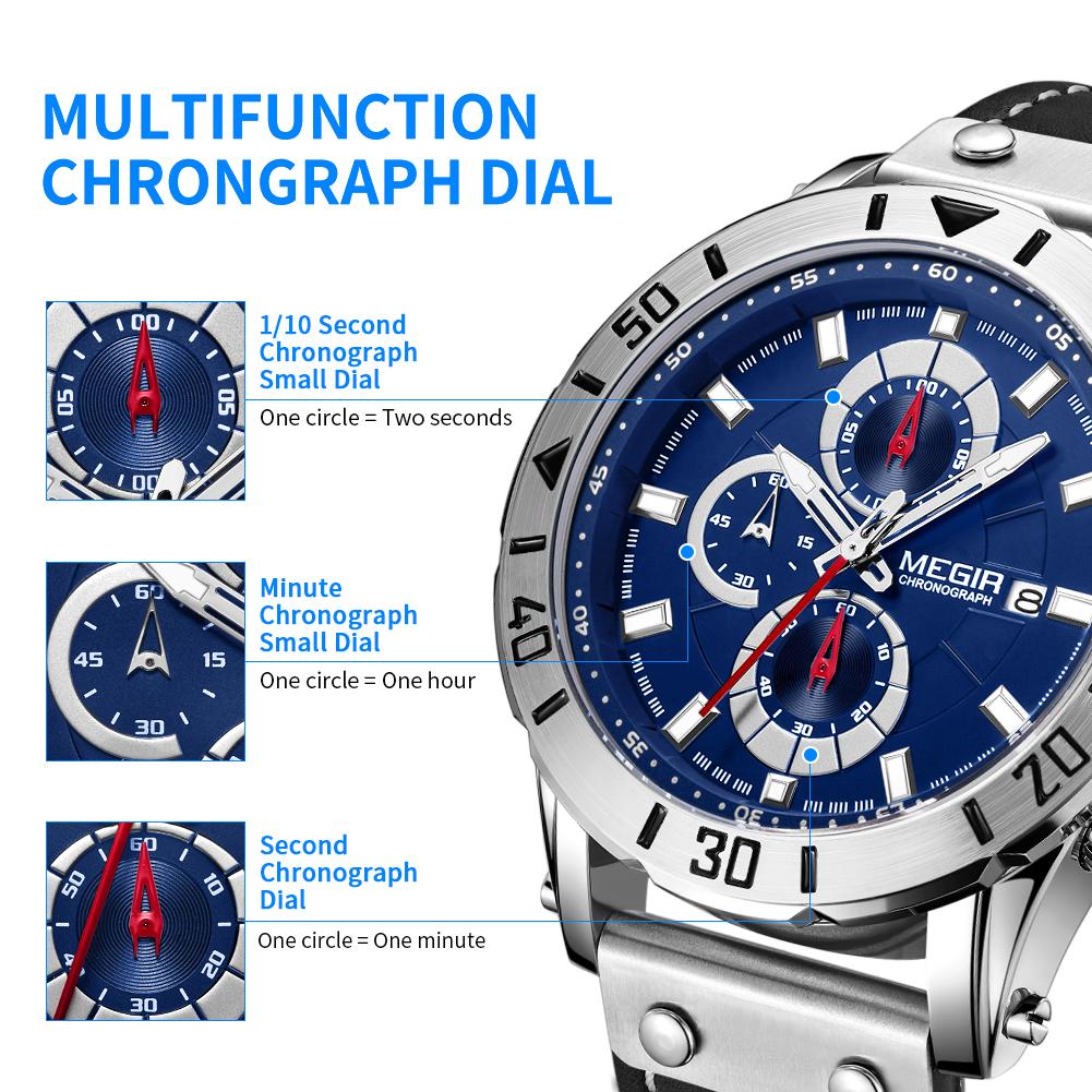 MEGIR Watch Men's Military Sport Wrist Watches Waterproof Leather Quartz Chronograph Calendar Luminous Clock Watch for Man 2081