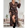 Spring & Fall New Fashion Style Fashion V Neck Print Waist-Controlled Lace-up Asymmetrical Ruffles Long Sleeves Dress Long Dress