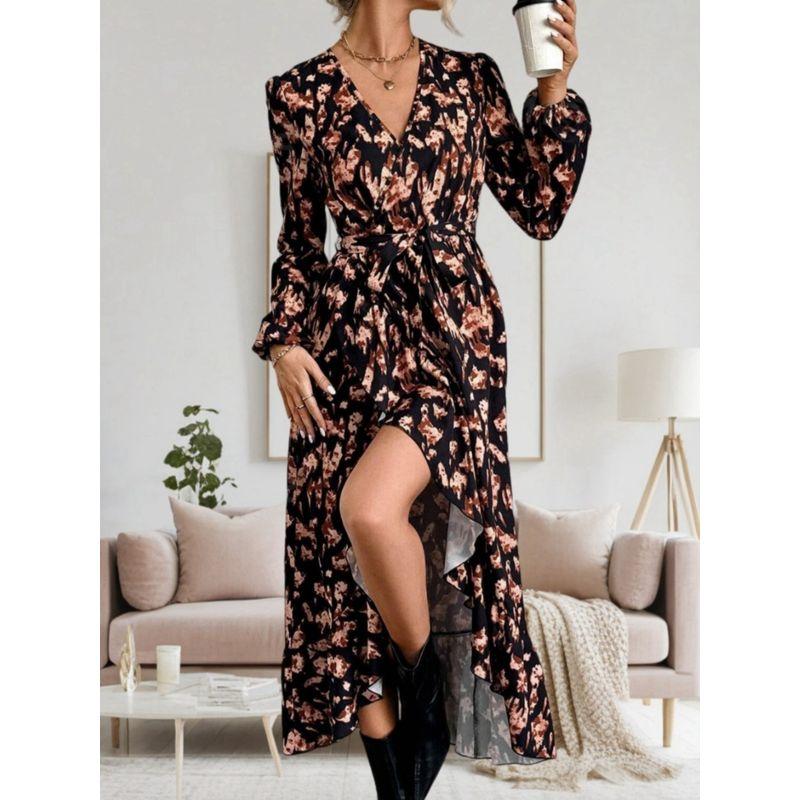 Spring & Fall New Fashion Style Fashion V Neck Print Waist-Controlled Lace-up Asymmetrical Ruffles Long Sleeves Dress Long Dress