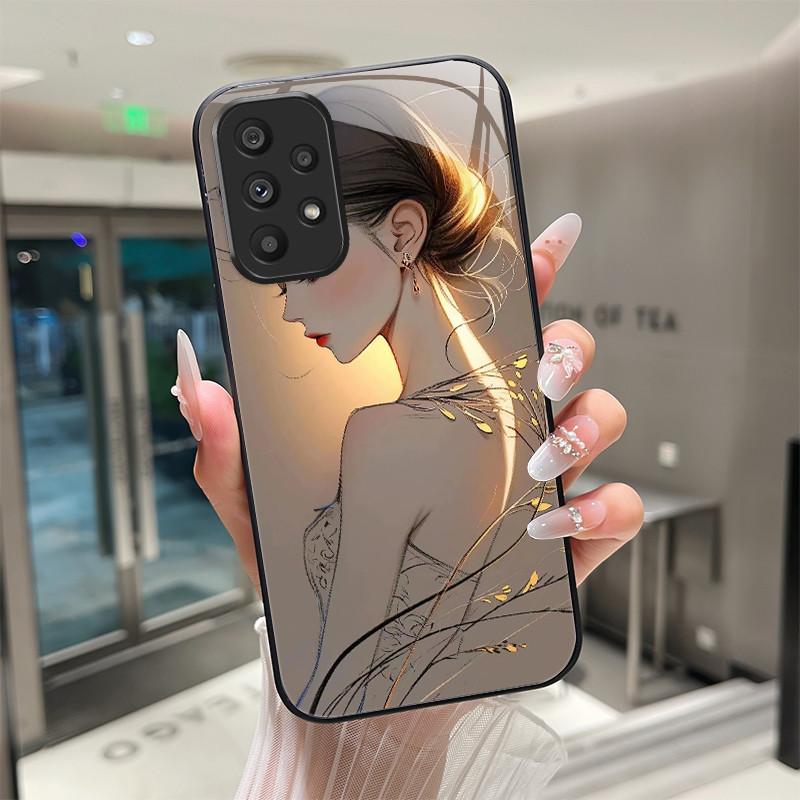 Cute Cartoon Cats Flower Case For Samsung Galaxy A52 A52S A72 4G 5G Tempered Glass Phone Case Protective Back Cover Hard Shell
