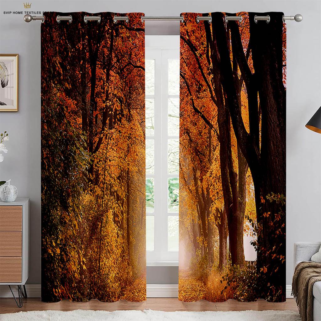 Autumn Forest Scenery Curtains, 3D Printed Curtains, Pastoral Style, Polyester Fiber, Bedroom, Living Room Decoration, 2 Pcs