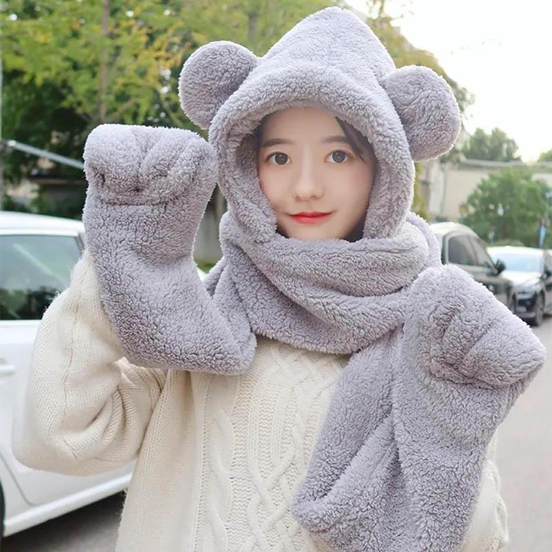 Шапка с медведем, корейская осенне-зимняя женская шапка, уличный велосипедный шарф с капюшоном, перчатки, один шарф, чтобы согреться