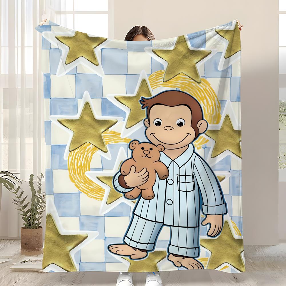 Curious George Monkey Cartoon Throw Blanket Soft Coral Fleece for Sofa Bed Couch Bedroom Decor