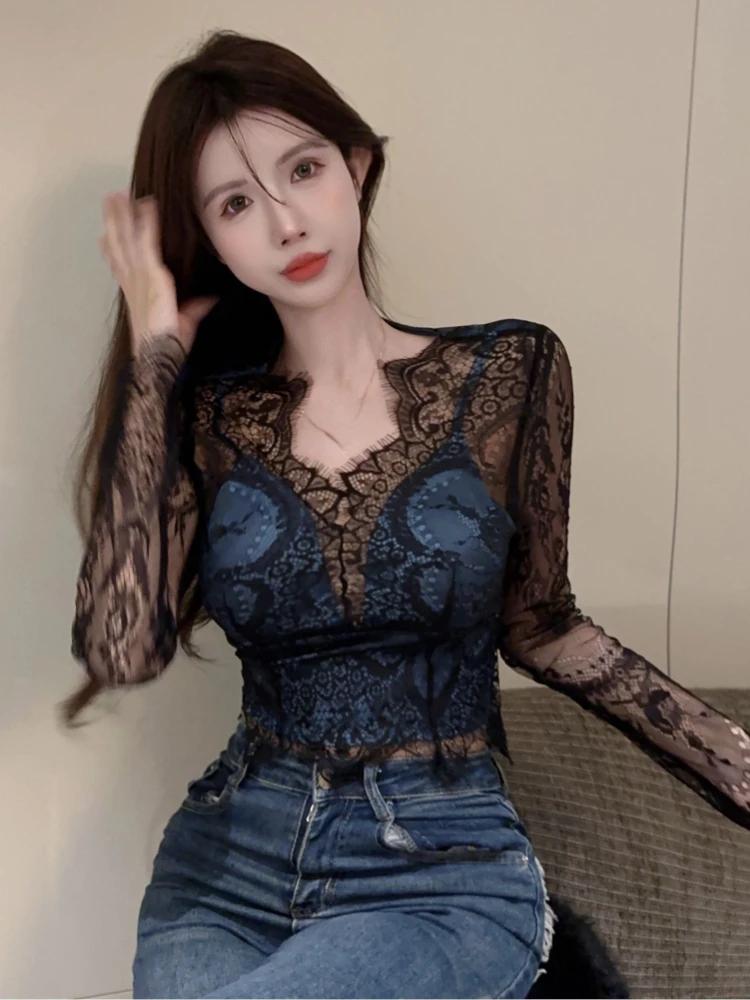 2024 Blusas Mujer De Moda, сексуальные кружевные блузки для женщин, рубашки с v-образным вырезом и длинными рукавами, укороченные топы, темперамент, шикарная корейская винтажная блузка