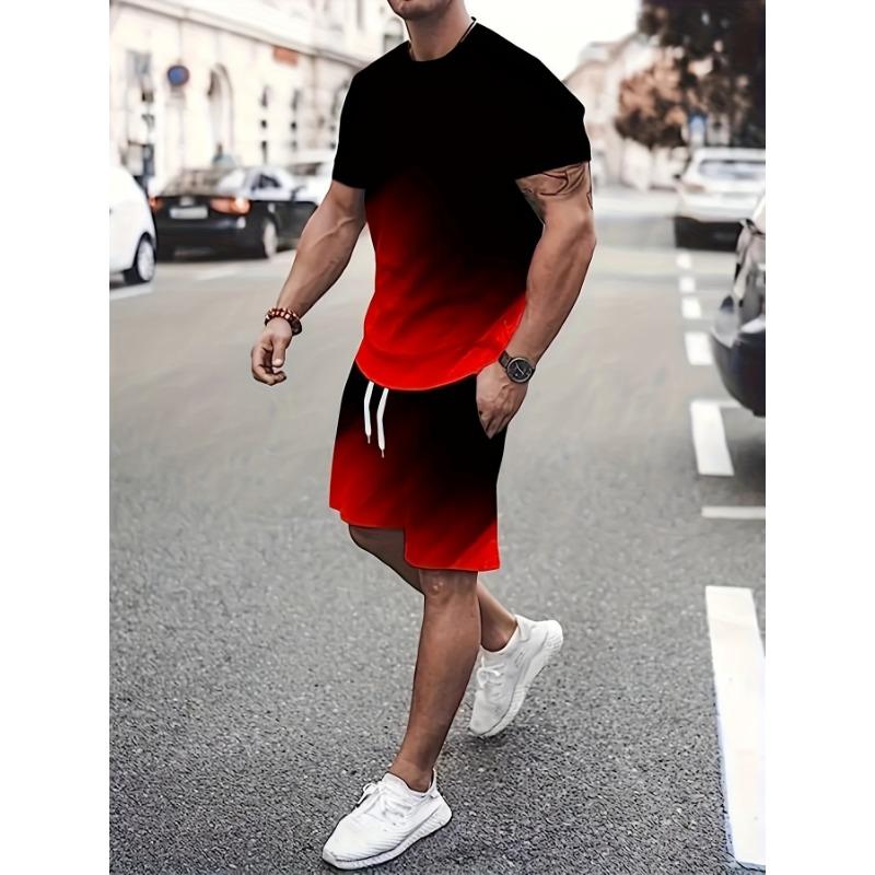 Мужская летняя повседневная футболка с цветным принтом, круглым вырезом, коротким рукавом, шортами на талии с завязками, свежий повседневный комплект