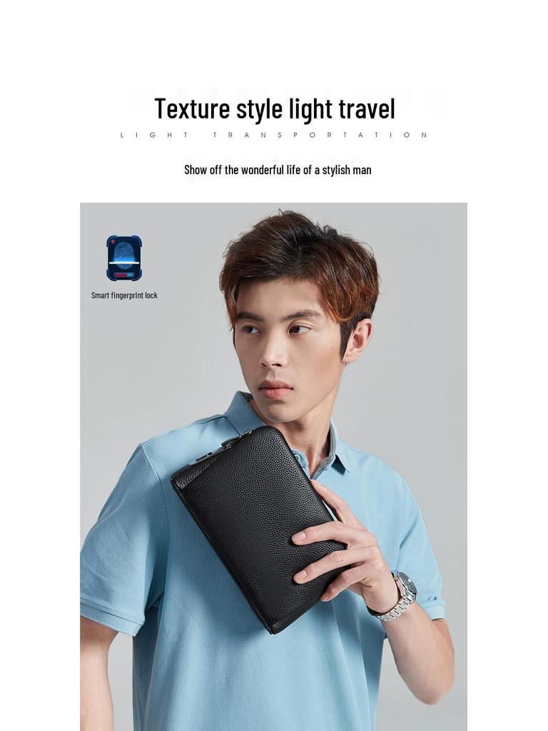 Men's Genuine Leather Clutch with Waterproof, Anti-Theft, Smart Fingerprint Lock