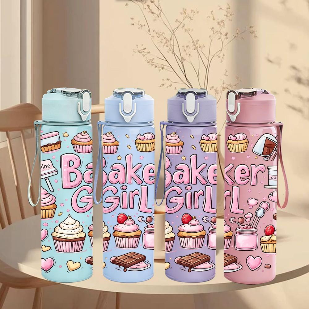 1PC Baker Girl Cupcake Print 750ml Color Plastic Sports Water Bottle Leakproof Flip Straw Lid Suitable for Sports Office Home Use