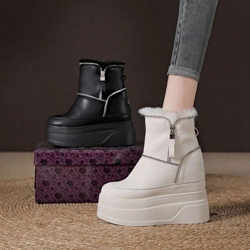 Fashion 12cm Winter Platform Wedge Boots High Heels Plush Moccasins Spring Autumn Women Shoes Booties Genuine Leather Ankle Snow