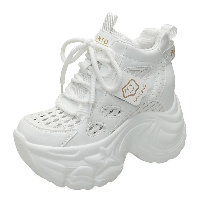 Модные 10-сантиметровые массивные кожаные кроссовки, летние повседневные вулканизированные туфли на шнуровке, женские кроссовки на высокой платформе, дышащие, с полым сетчатым верхом, спортивные кроссовки в стиле «папа»