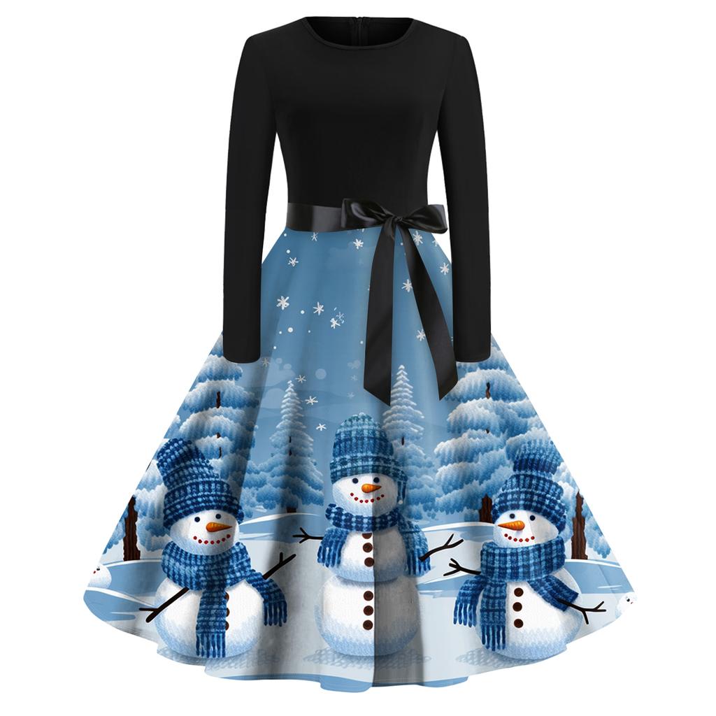 Женское модное повседневное платье приталенного кроя с круглым вырезом, рождественским принтом и длинными рукавами