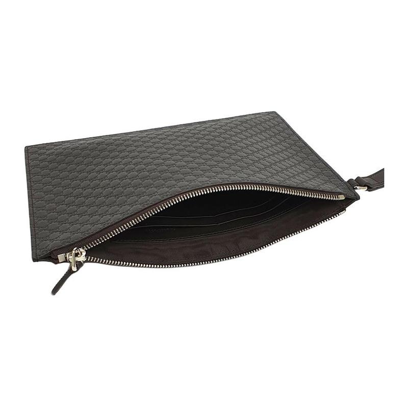 Gucci Microshima Logo Printed Zipper Closure Leather Clutch Men's Dark Brown