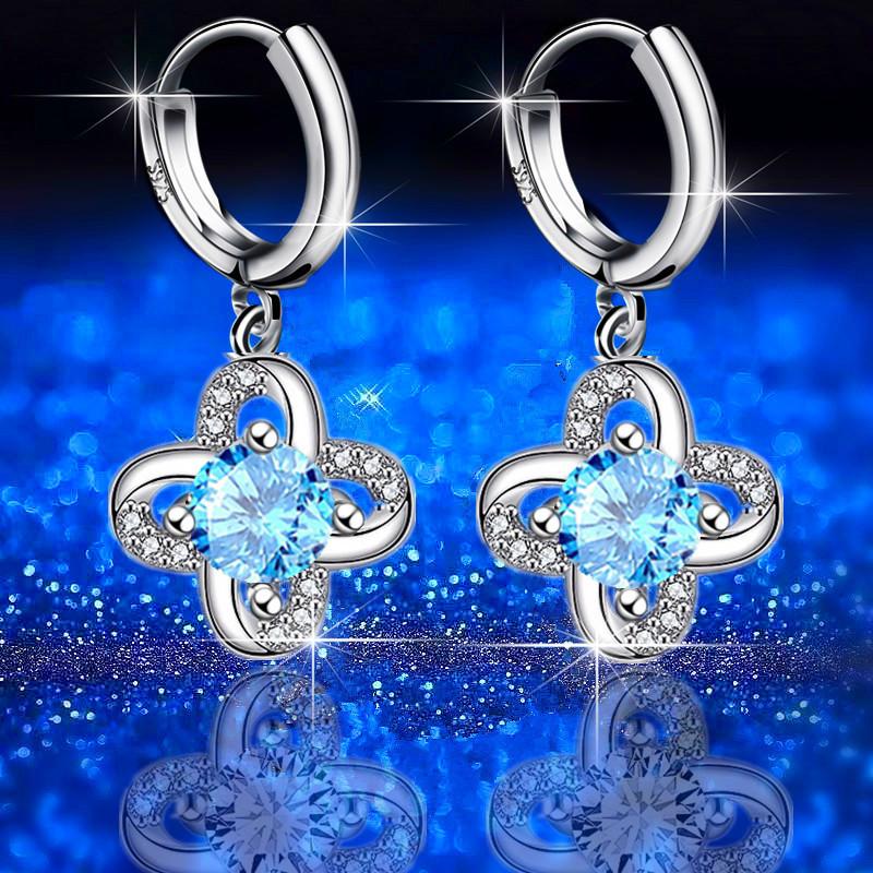New Silver Plated Earrings Four Leaf Clover Buckle Eternal Flower Women's Drop Earrings with Diamonds