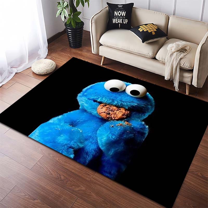 Sesame Street Elmo Black Background Logo Cartoon Print Anti-slip Area Rug Living Room Bedroom Decor Floor Mat For Cartoon Fans