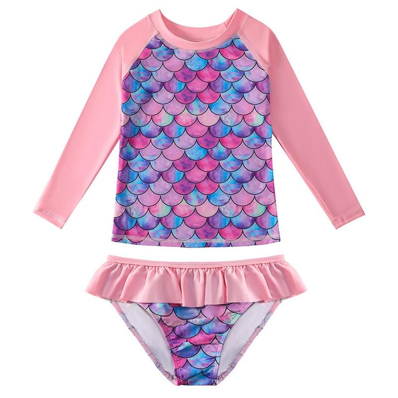 Girls' Two-Piece Split Swimsuit Sweet Long Sleeve Cartoon Fish Scale Print Pullover With Ruffle Briefs Swimwear Set Beach Wear