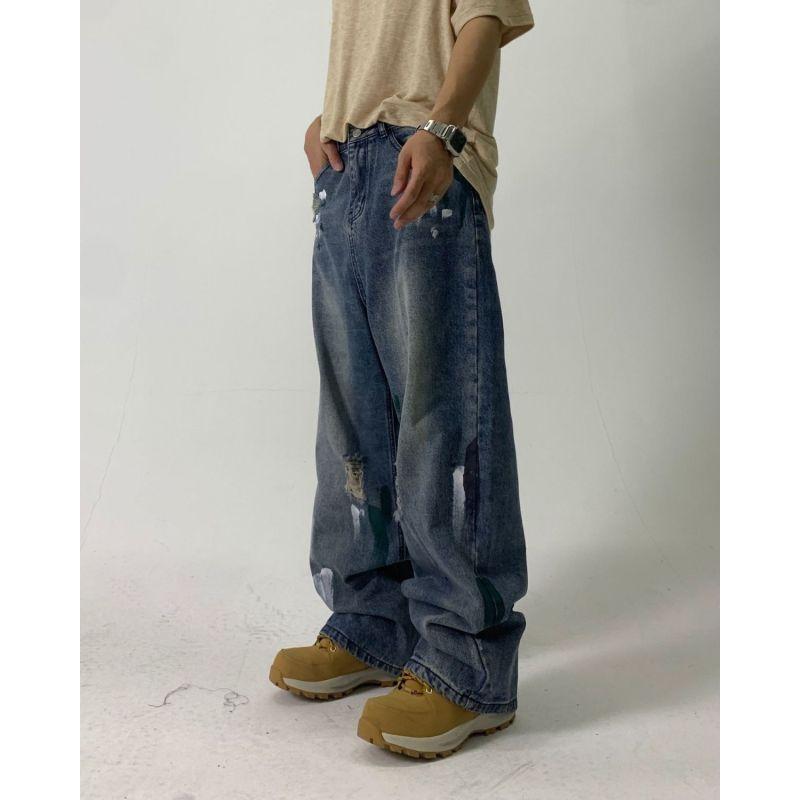 Европейские и американские уличные джинсы с чернильными пятнами для мужчин и женщин, нишевый дизайн, свободные широкие брюки для пар, повседневные универсальные брюки