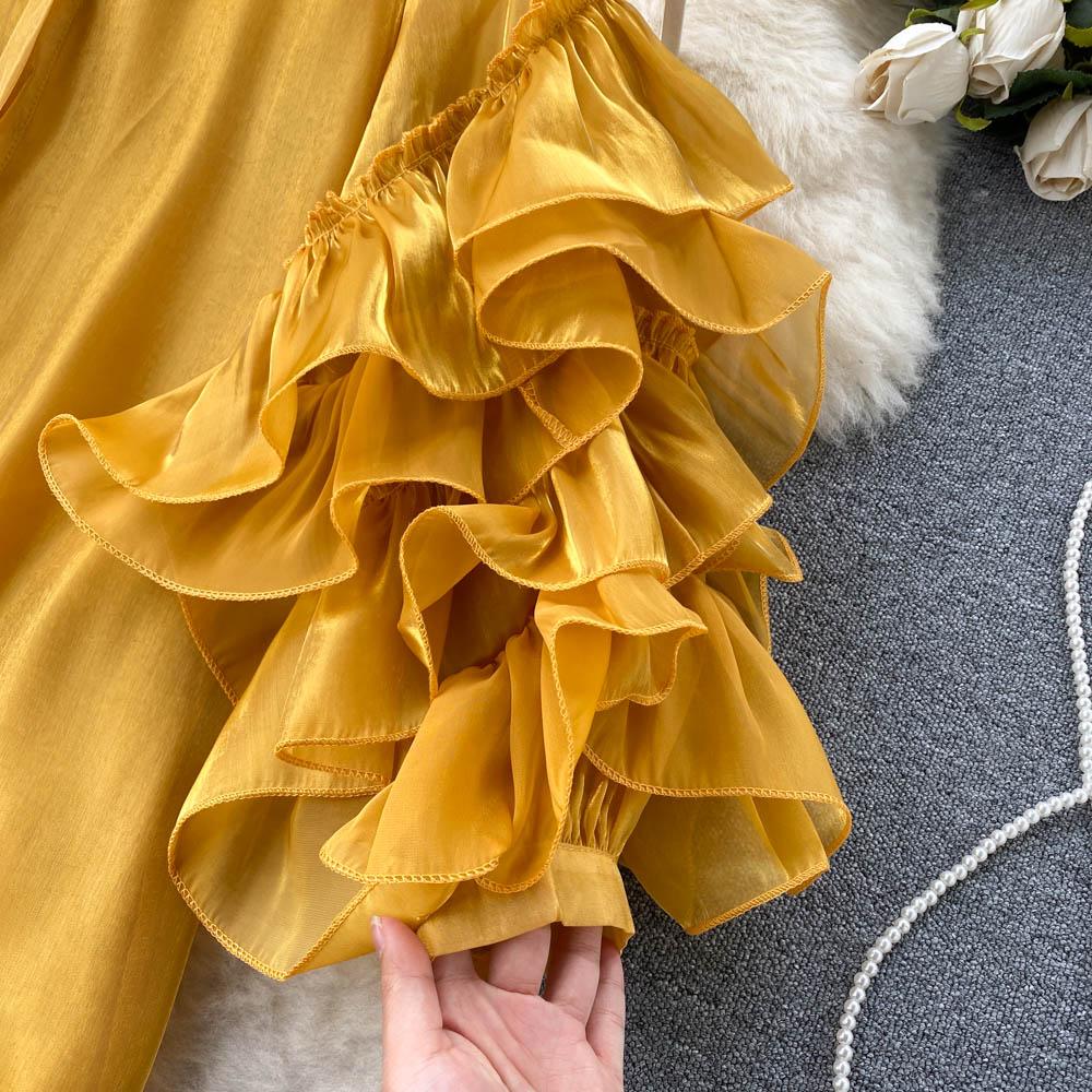 RUGOD Весеннее однобортное платье в европейском и американском стиле с французскими рюшами и трехмерными цветочными рукавами