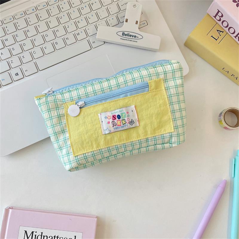 Cute Contrast Color Plaid Dopamine Large Capacity Pencil Case Storage Bag Student Stationery Supply Pouch Girl Cosmetic Bag Gift