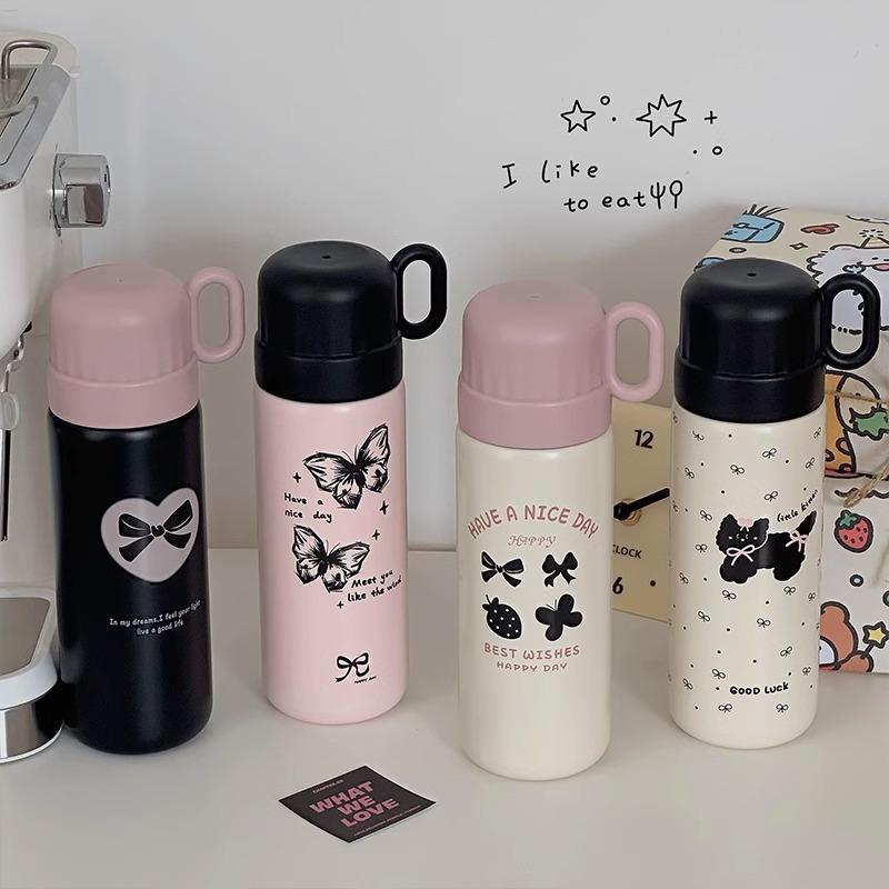 Girls Heart Student Vacuum Stainless Steel Thermos Cup Girls Bow Outdoor Thermos Cup Double Drinking Straw Water Cup