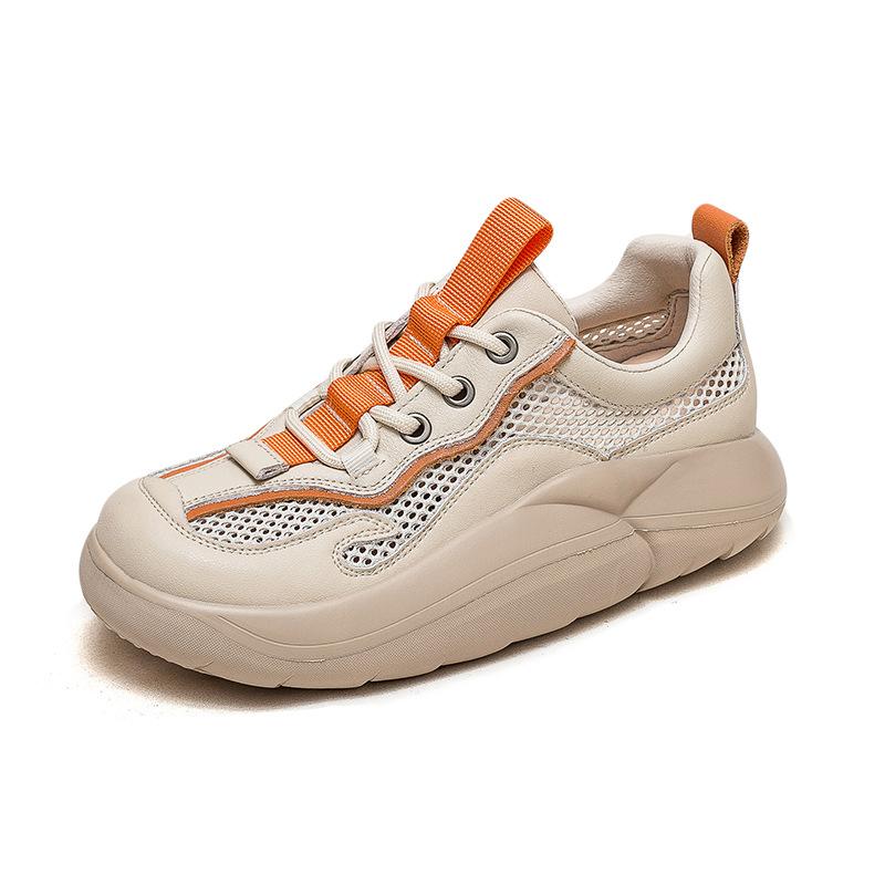 Fashion GKTINOO Mixed Colors Casual Sneakers Women Thick Bottom Genuine Leather Mesh Breathable Lace-Up Summer Chunky Platform Shoes