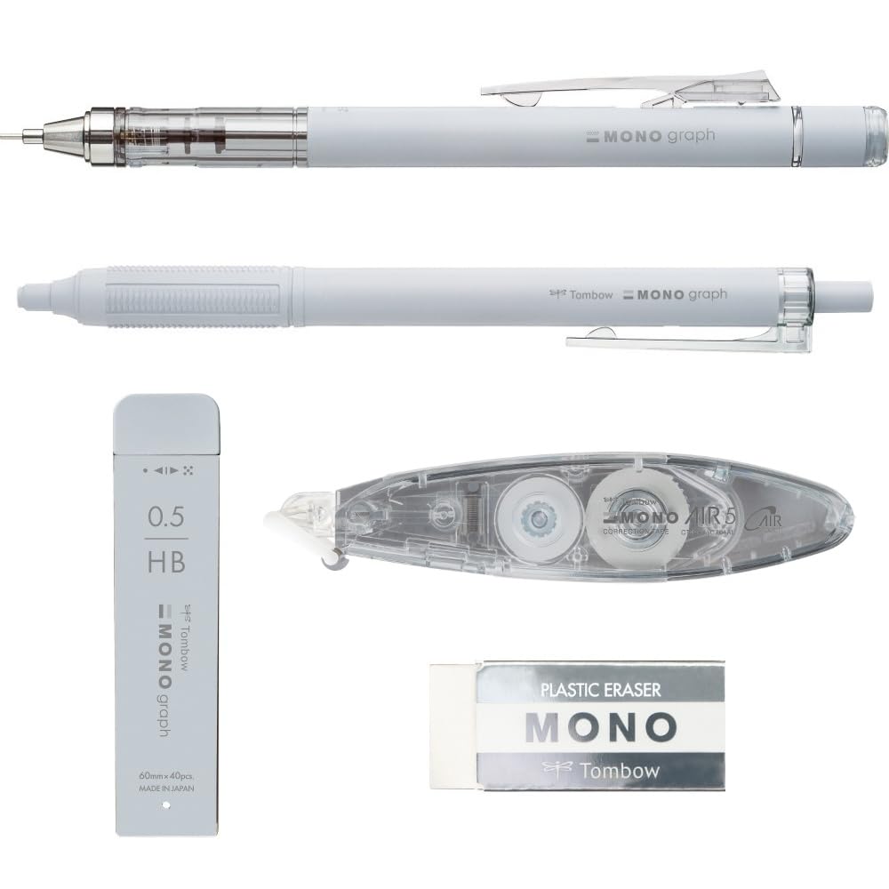 Tombow MONO Stationery Set Ballpoint Correction Set, Grayscale/Light Gray, 5-Piece (Mechanical Pencil, Lead, Eraser, Pen, Tape) PCC-541CAZ