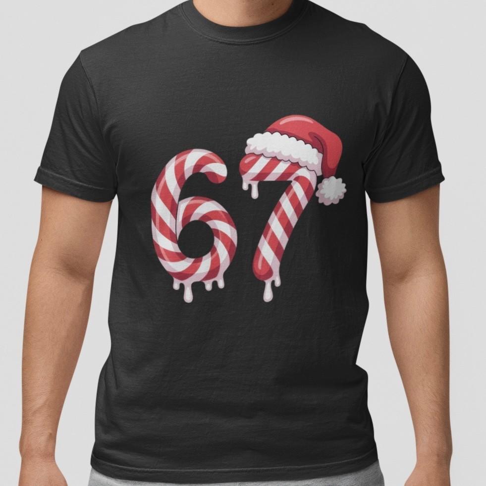 67 Meme Christmas Candy Cane Number Santa Graphic T-Shirt Unisex Holiday Tee Top