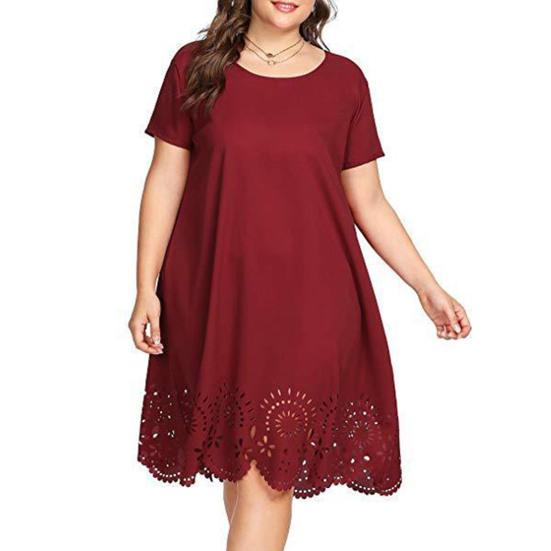 Женское летнее платье миди с вырезом по краю, большие размеры, с короткими рукавами и круглым вырезом, свободный подол, однотонное женское повседневное платье