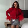 Talenza Women's Casual O-neck Knitted Cardigan Autumn Fashion Single-Breasted Long-Sleeved Red Feather Patchwork Sweater  Jacket