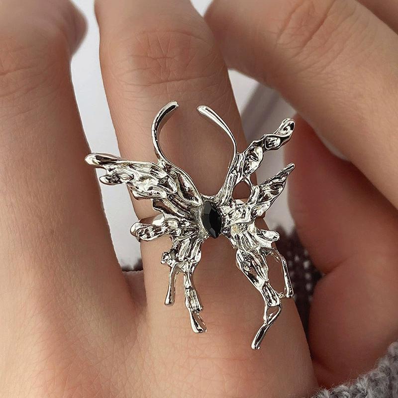 Silver Liquid Metal Butterfly Rings for Women Pink Vintage Open Ring Black Resin Geometry Finger Jewelry Punk Accessories