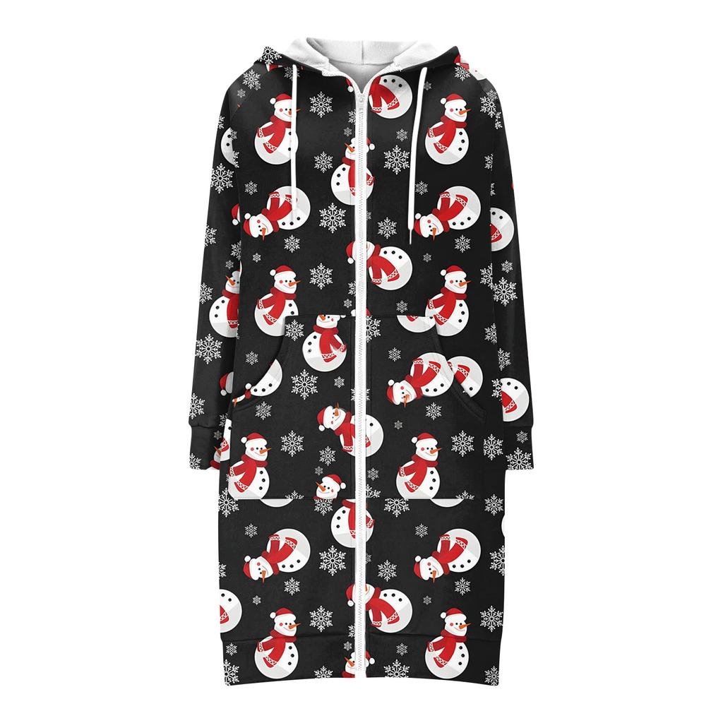 Женская модная рождественская толстовка с длинными рукавами, капюшоном на кулиске, карманом на молнии, длинная, повседневная