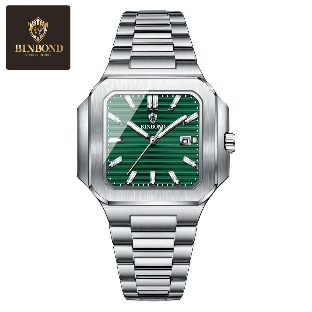 BINBOND Brand Luxury Classic Square Sport Man Wristwatch Waterproof Luminous Quartz Male Watches Stainless Steel Men Watch Reloj