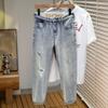 Spring Jeans Light Blue Small Ripped Cropped Trousers Stretch Men's Pants