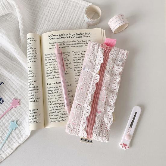 Пенал с кружевной отделкой, гладкой молнией, сумка для хранения косметики и канцелярских принадлежностей, милый органайзер для ручек для школы и офиса