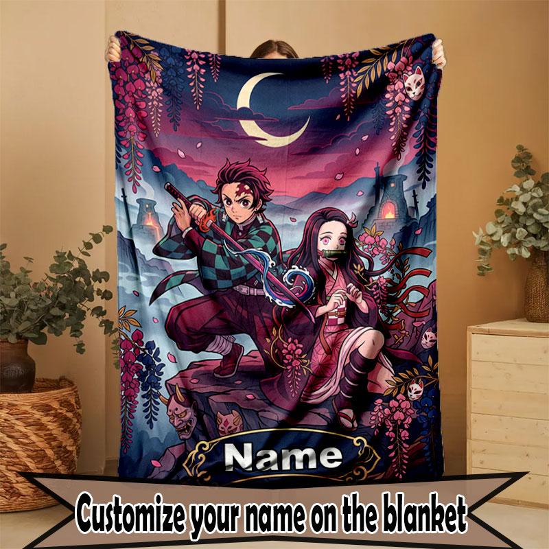 Custom Name Personalized Demon Slayer Print Blanket, Home Decor, Bedroom, Sofa, Camping, Couch, Gifts for Birthday Christmas