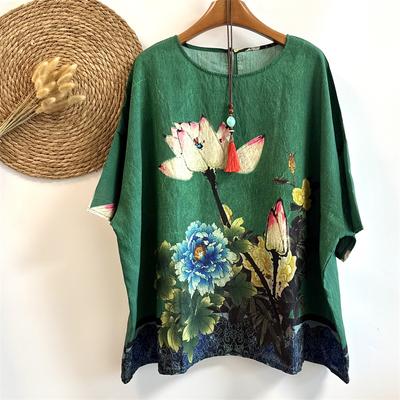 2025 Лето Новые Футболки Свободные Женские Плюс Размер Короткий Рукав Цветочный Принт Оверсайз Льняные Топы Футболки