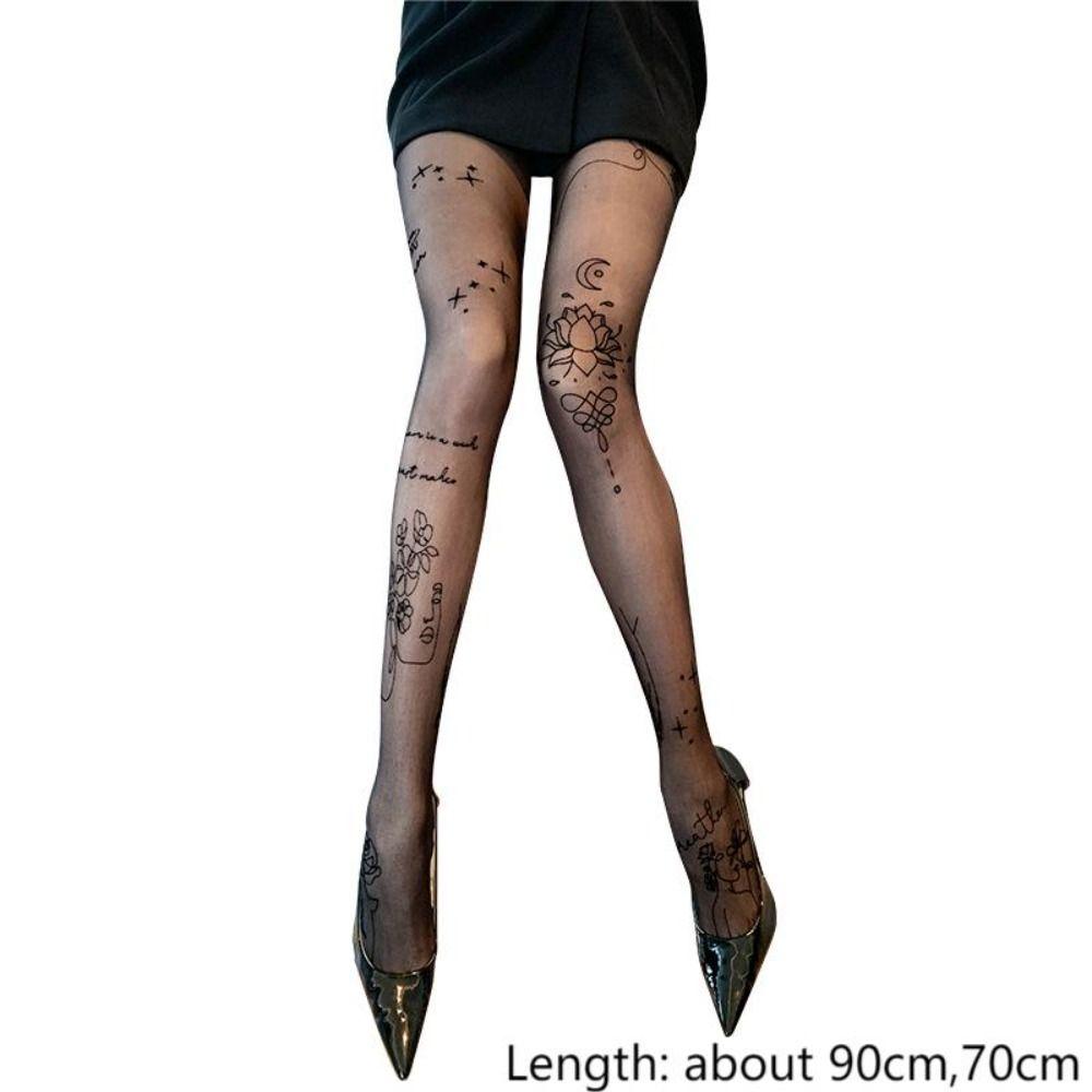 Black Patterned Long Stockings Letter Tattoos Pantyhose New Inscriptions Tights  Women