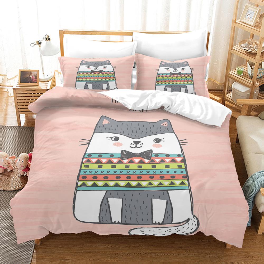 Cartoon Cat King Full Queen Duvet Cover Lovely Pet Kitty Bedding Set Animal Quilt Cover 2/3pcs Purple Polyester Comforter Cover