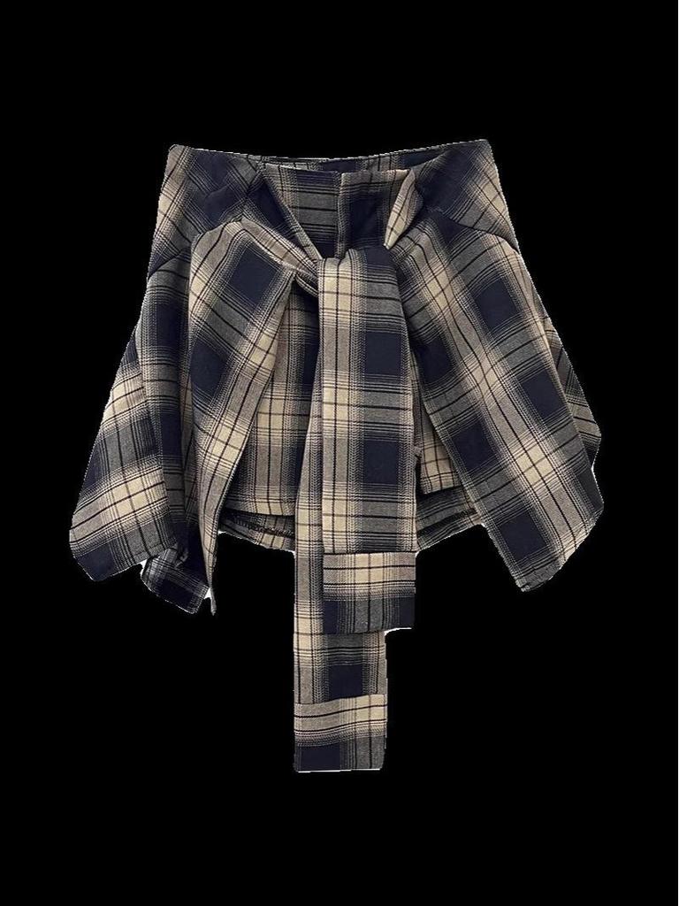 Стильная женская клетчатая юбка миди 2025: Завязки, Неровный подол, Высокая талия, Приталенный дизайн