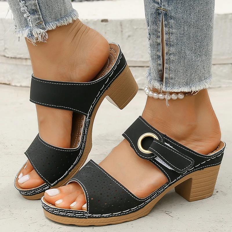 Модные сандалии на толстом высоком каблуке с застежкой-липучкой, женские, с вырезами, летние, пляжные, женские, больших размеров, противоскользящие, на платформе, сандалии для женщин