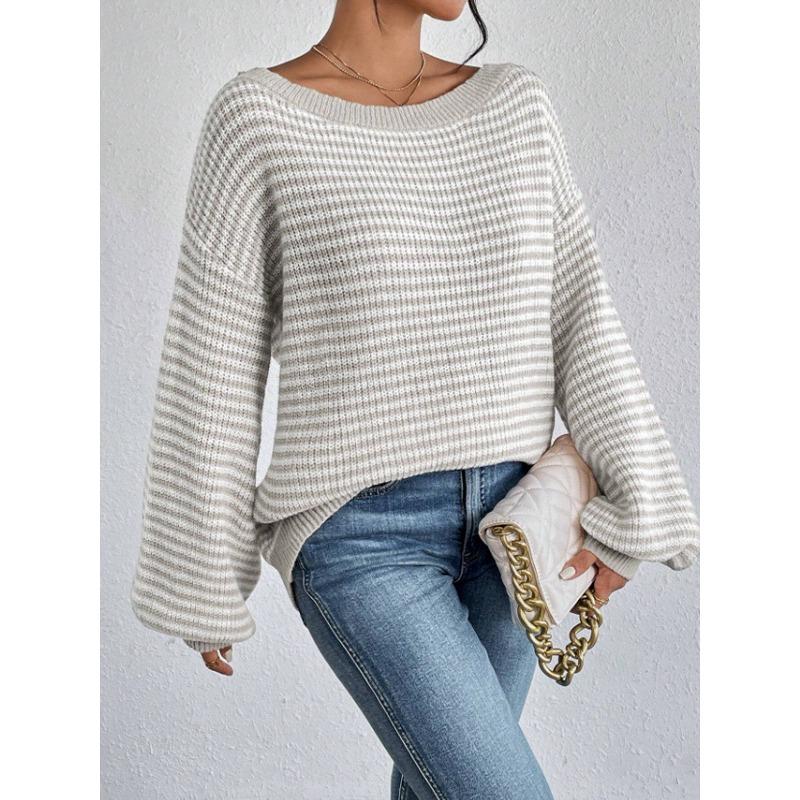 Women S Loose Fit One Shoulder Neck Striped Long Sleeve Pullover Knit Sweater