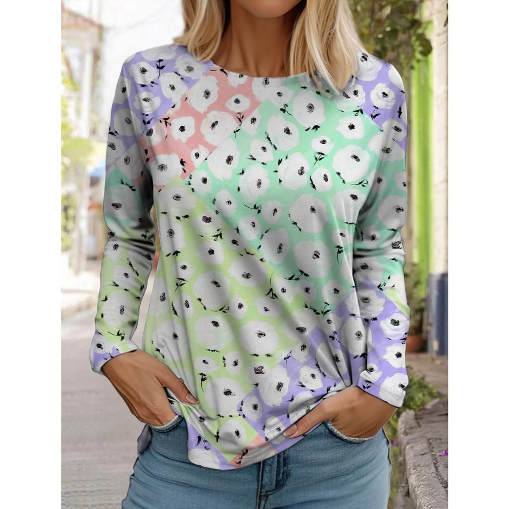 Women's White Long-sleeved Tops Round Neck Casual Tops 3d Printed Flowers Fashion Stickers Printed Women's Long-sleeved T-shirt