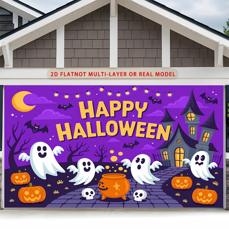 Party Backdrop Halloween Castle Purple Flat Ghosts Pumpkins Multi Layered Celebrations Event Backdrop Decoration Front Door Decor