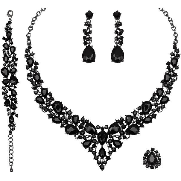 CSY Elegant Crystal Costume Jewelry Sets for Formal Events Gown Accessories | 4-Piece Set Bridal Necklace Earrings Bracelet Ring Set for Brides