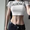 Американская Сладкая Девушка Специй Короткий Рукав Плечо Футболка Женская Летняя Алфавит Печать Открытый Живот Высокая Талия Сексуальный Короткий Топ