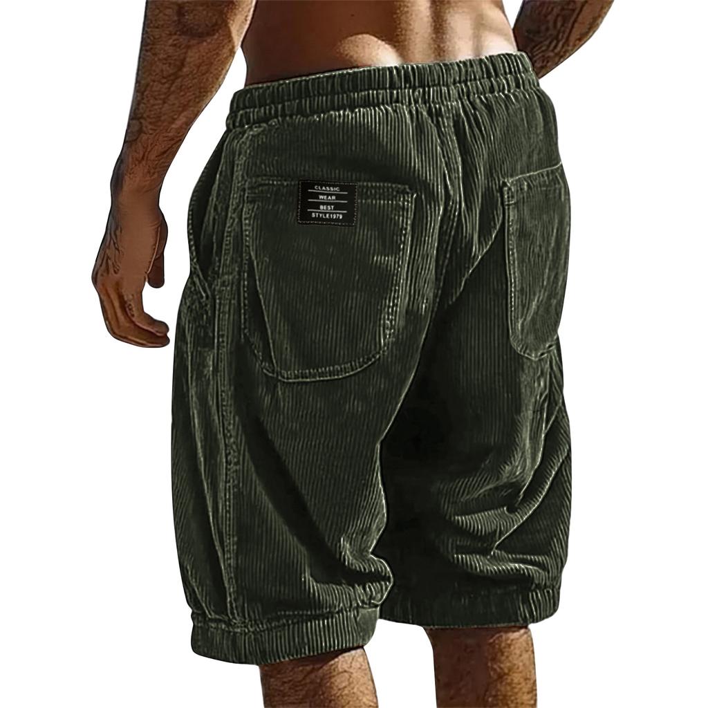 Mens Corduroy Shorts Relaxed Fit Elastic Waistband Patch Pocket Design Casual Knee Length Trousers for Everyday Wear