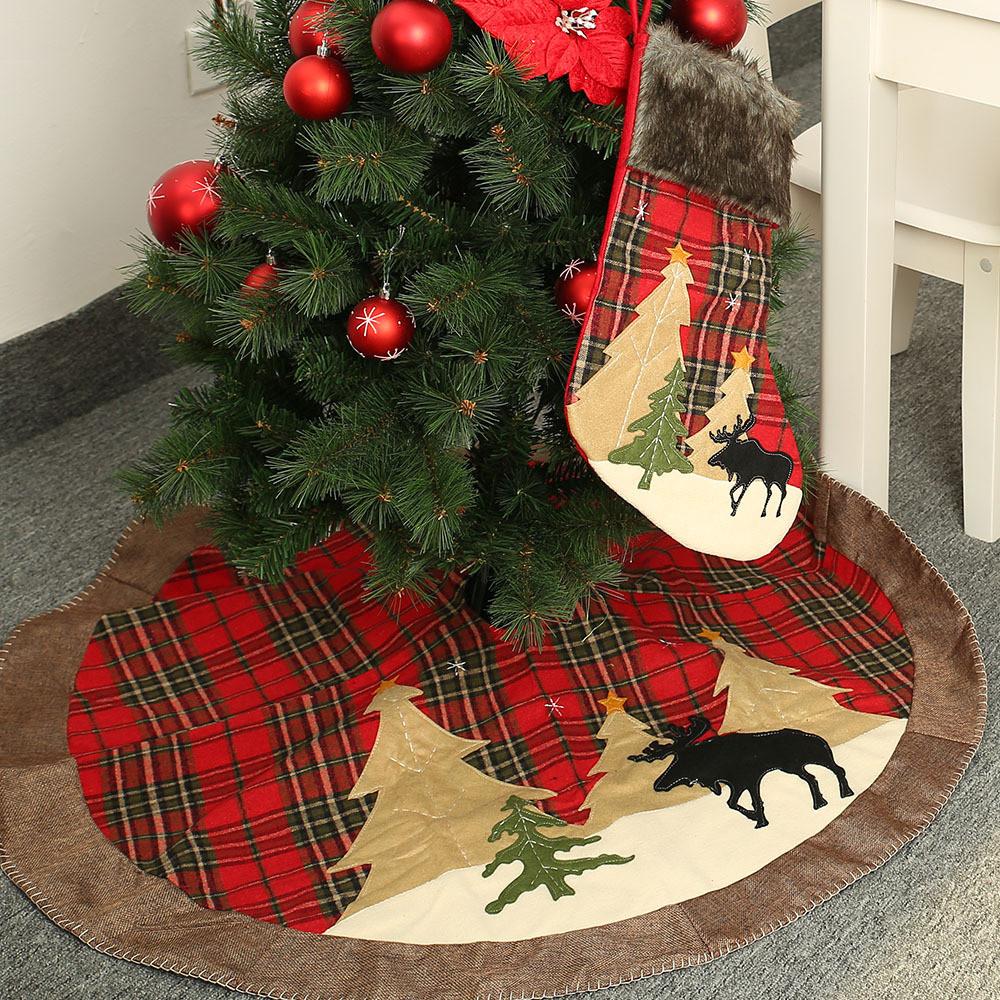 Festive Checked Fabric Christmas Tree Skirt With Charming Embroidery And Unique Design