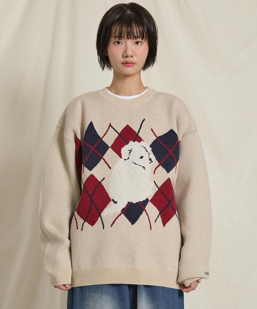 WAIKEI Maltese Argyle Crewneck Knit Oatmeal