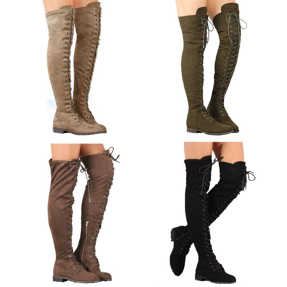 Premium Quality Womens Lace Up Low Heel Thigh High Over The Knee Stretch Riding Boots Shoes