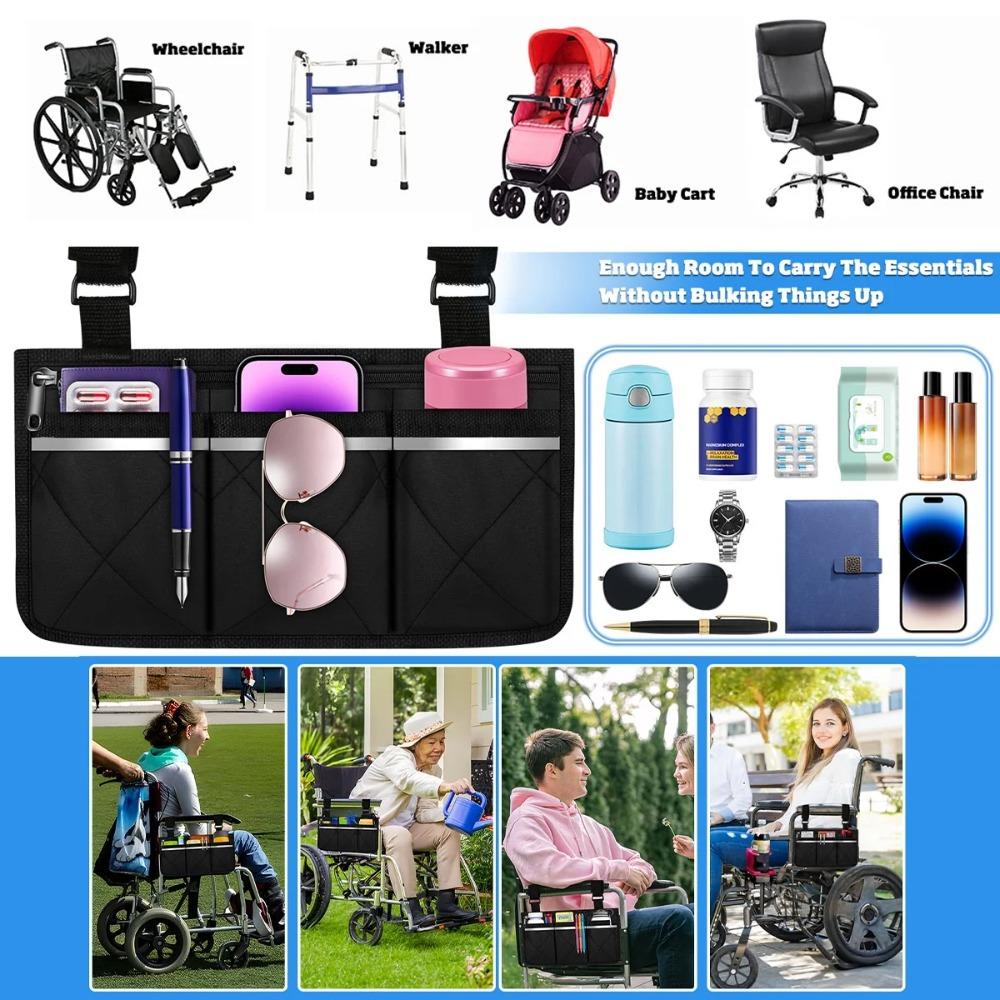 Wheelchair bag, wheelchair side pocket, storage bag suitable for any wheelchair and water use (black, 3 pieces)